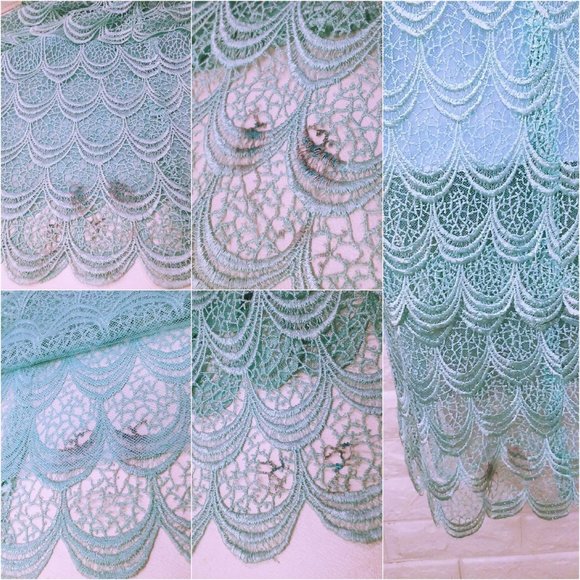 Vintage 70-80s Sheer Scalloped Lace Dress 6/8 Flutter Sleeve Snap-Back Turquoise - Picture 8 of 11